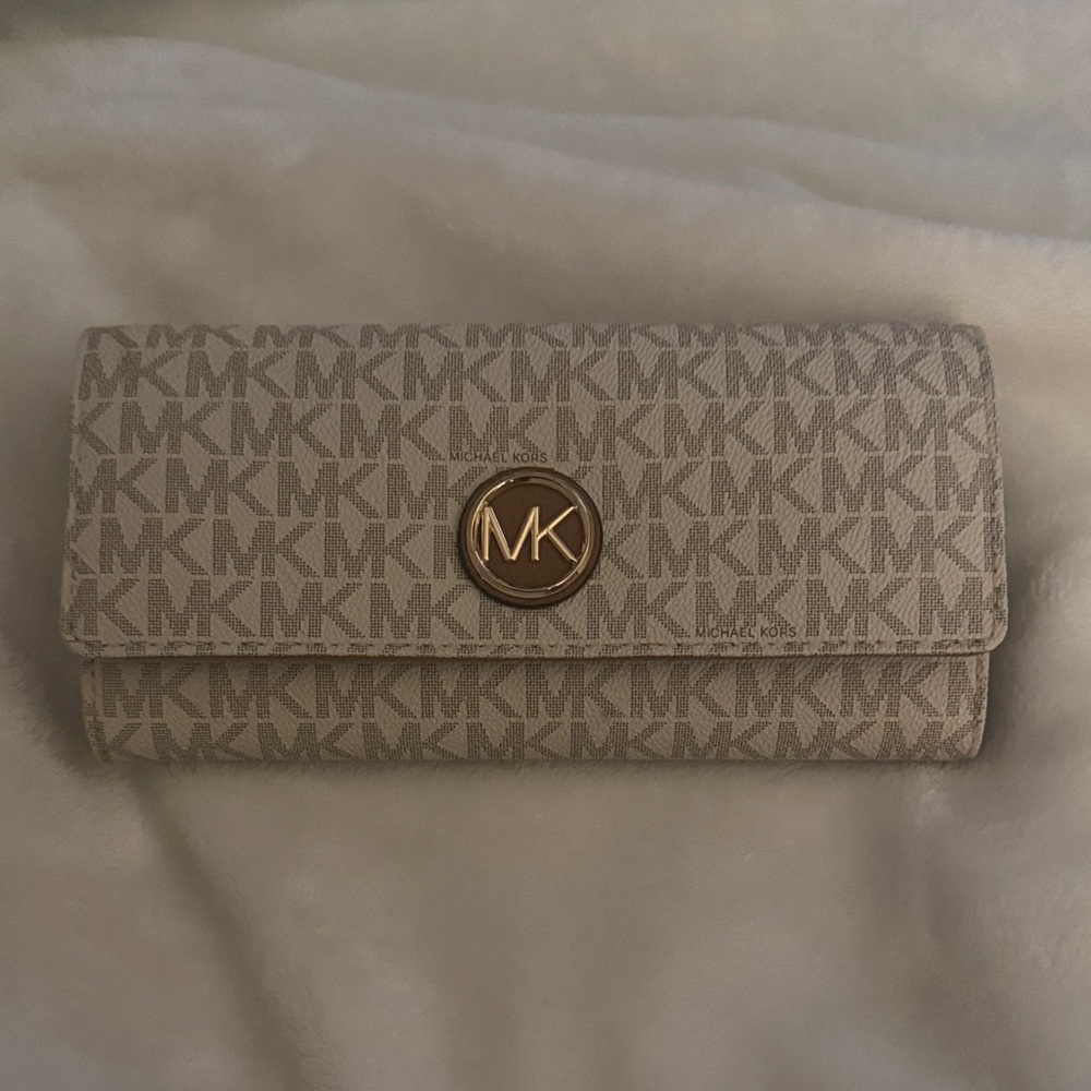 Michael Kors Taupe Logo Continental Wallet with Gold MK Emblem